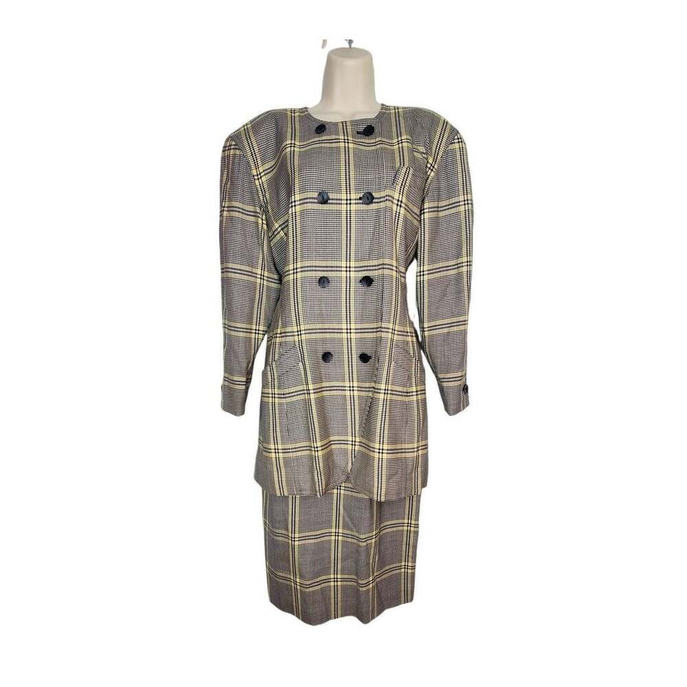 Vintage 90s Escada Blazer Skirt Suit Set Plaid Wool Cashmere Size EU 38 / 36